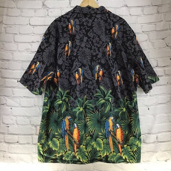 Pacific Legend Hawaiian Shirt Black Gray Parrots Jungle Foliage Button Down - Picture 6 of 7